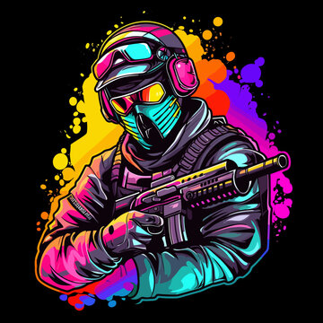 Soldier with an automatic weapon and helmet. Paintball player ready to shoot. Colorful splashes on the background. Cartoon vector illustration.