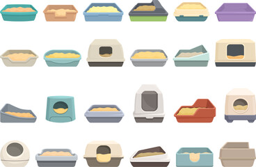 Cat litter box icons set cartoon vector. Animal tray. Pet sand