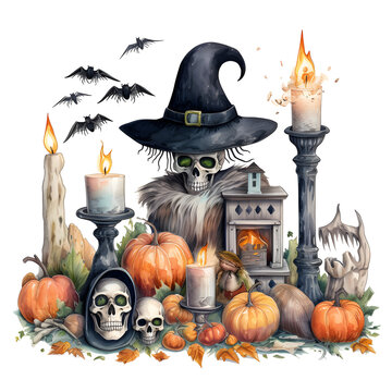 Watercolor painting abtract colorpastel tone set with pumpkin candle, witch hat, spooky ghost, dead man, zombie hand,on graveyard tomb, skull, midnight owl, spider on white background.