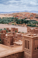 Ait Ben Haddou: UNESCO World Heritage site in Morocco, a breathtaking kasbah village showcasing ancient mud-brick architecture against stunning desert backdrop. High quality photo