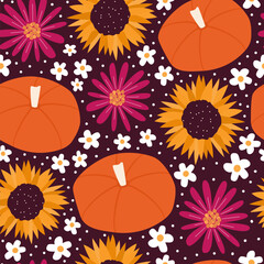 cute hand drawn fall autumn seamless vector pattern background illustration with orange pumpkins, purple flowers, sunflowers and white daisy flowers