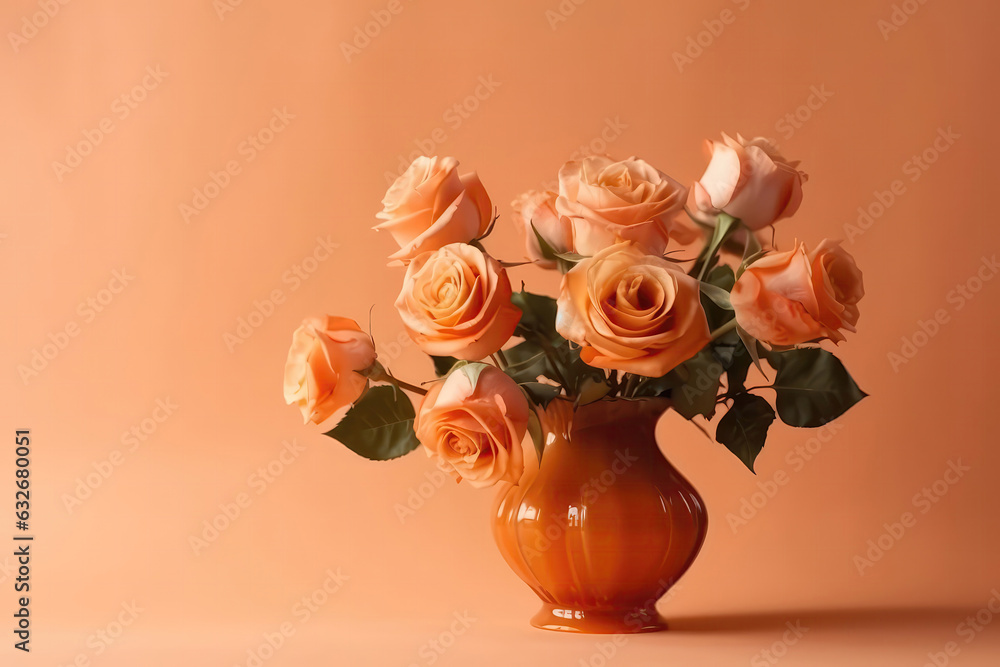 Poster flowers roses in vase on peach color background copy space. generative ai
