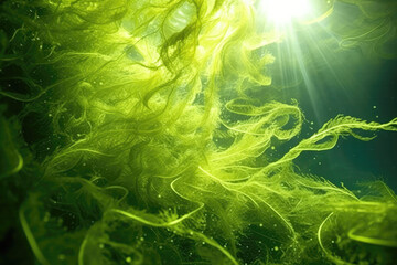 Green Algae Swaying Underwater, Closeup. Generative AI