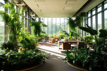 Naklejka premium Green Environment Office Surrounded By Landscaped Garden Filled With Native Plants. Earth Day. Generative AI