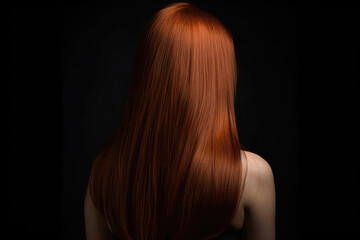 Medium Length Auburn Straight Hair , Rear View On Black Background. Generative AI - obrazy, fototapety, plakaty