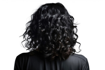 Medium Length Black Curly Hair , Rear View On White Background. Generative AI
