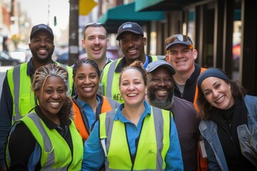 Diverse and mixed group of sanitation workers taking a portrait photo taken together while working in New York