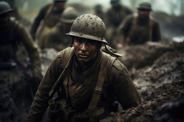 Soldiers Enduring the Rainy Trenches of WWII