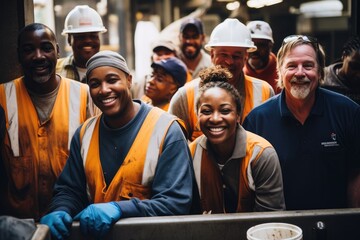 Diverse and mixed group of sanitation workers taking a portrait photo taken together while working in New York