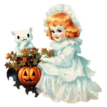 A vintage Halloween image of kid wear ghost costume and pumpkin