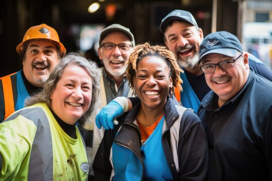 Diverse and mixed group of sanitation workers taking a portrait photo taken together while working in New York