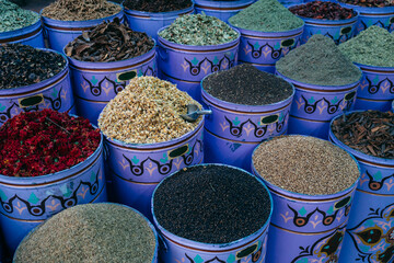Traditional medina shops bazaar markets in Morocco . High quality photo