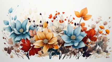 Artistic composition of flowers simulating the watercolor technique. Generative AI