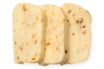 Three slices of halloumi cheese with red chilli isolated on white from above.