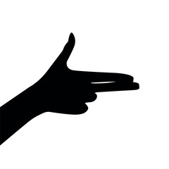 Vector flat illustration of hand's silhouette with finger gun pointing to the side. Vector design element for infographic, web, internet, presentation.