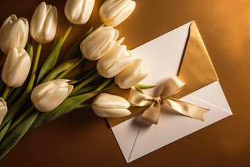 Photograph Of Top View Of Copy Space And Gold Envelope And Bouquet Of White Tulips With Copy Paste Gold Background. Generative AI