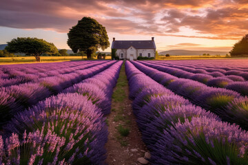 Fototapeta na wymiar Picturesque Lavender Farm With Rows Of Vibrant Purple Blooms. Generative AI