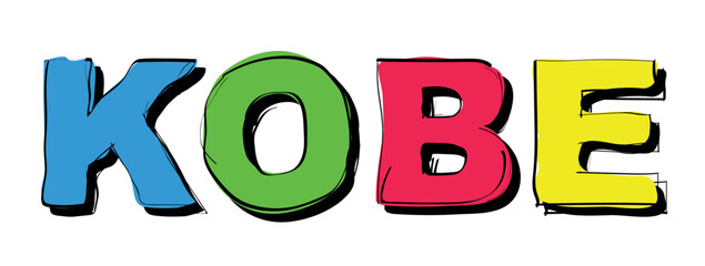 KOBE. Handwritten curved bright color text. Doodle outline of letters. Japanese city KOBE for social network, Japan web resource, mobile app, game, t-shirt.