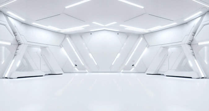 Futuristic Showcase. Large Sci-fi stage, clean white background, glowing wall, and sleek pedestal harmonize to showcase your product, merging technology and innovation.