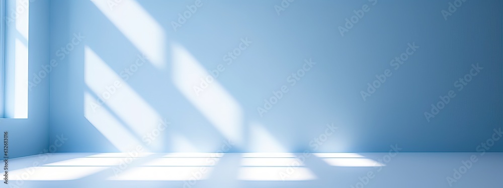 Poster light blue empty wall and smooth floor with interesting light glare. background for the presentation