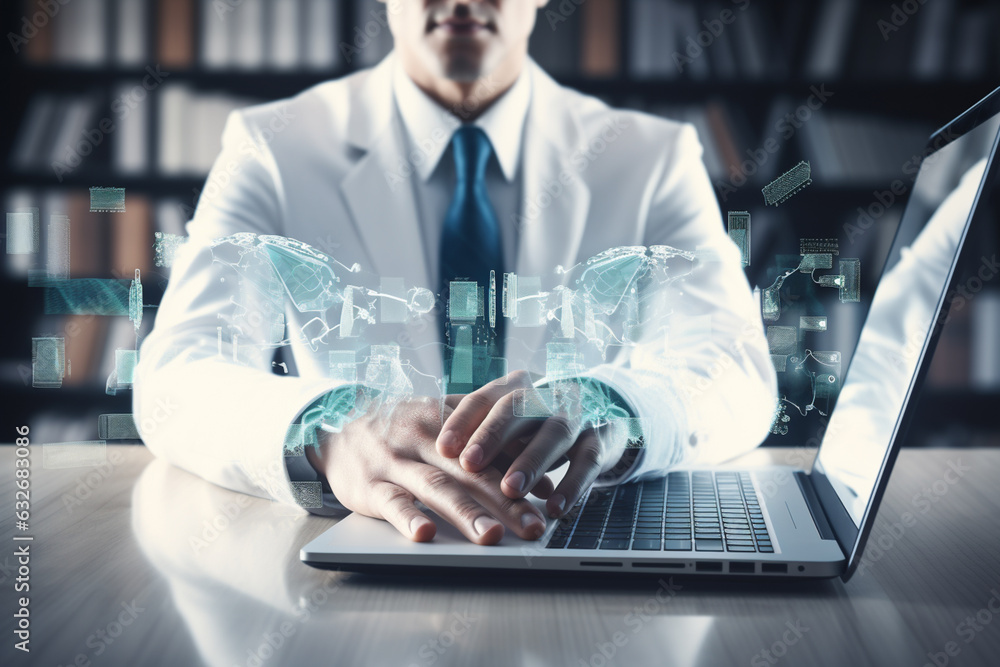 Poster doctor using technology document management on computer system management for cardiologist specialis
