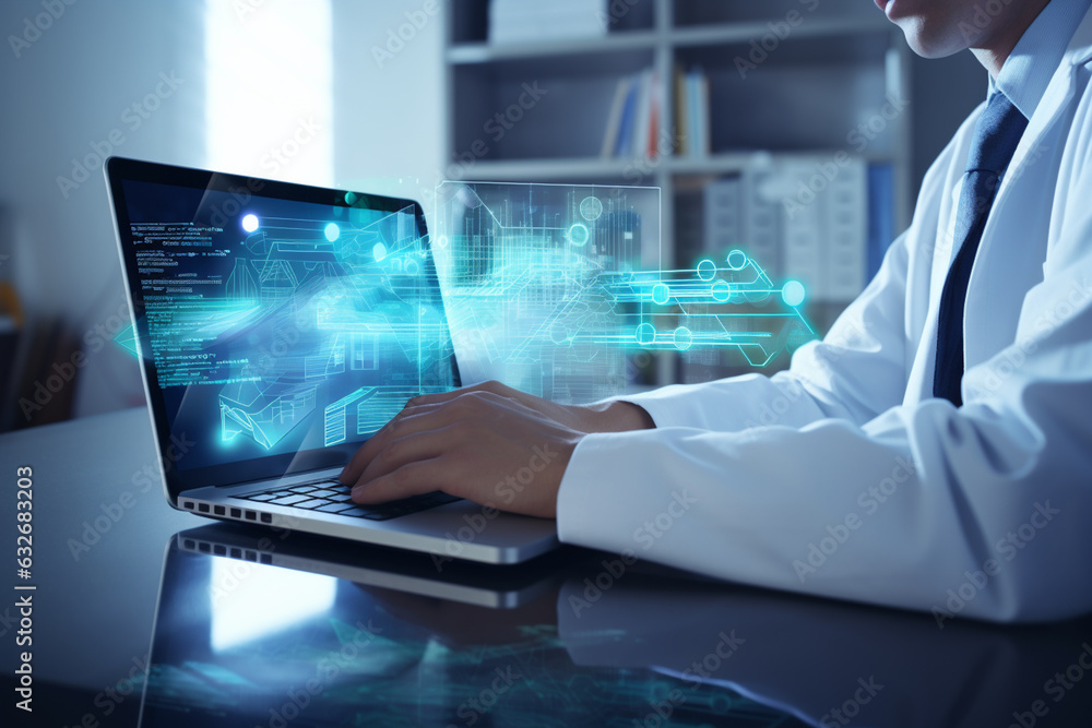 Poster doctor using technology document management on computer system management for cardiologist specialis