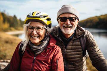 Active senior couple cycling through countryside  photo with empty space for text 
