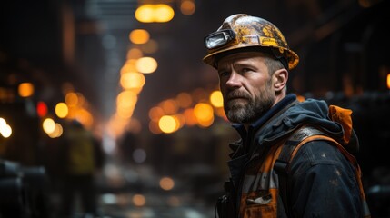 Tunnel engineer in dark railway tunnel construction site. Heavy work underground