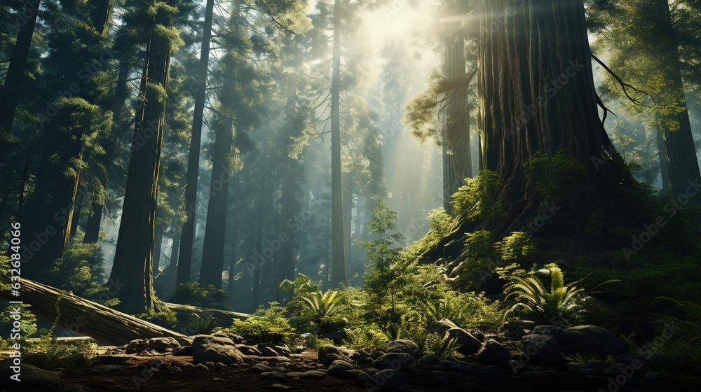 Poster sunlight shining through the trees in a forest filled with rocks. generative ai