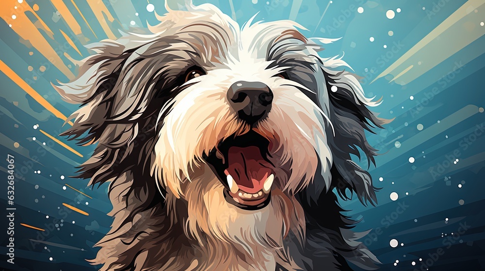 Poster a dog with its mouth open and its tongue out with a background of stars. generative ai