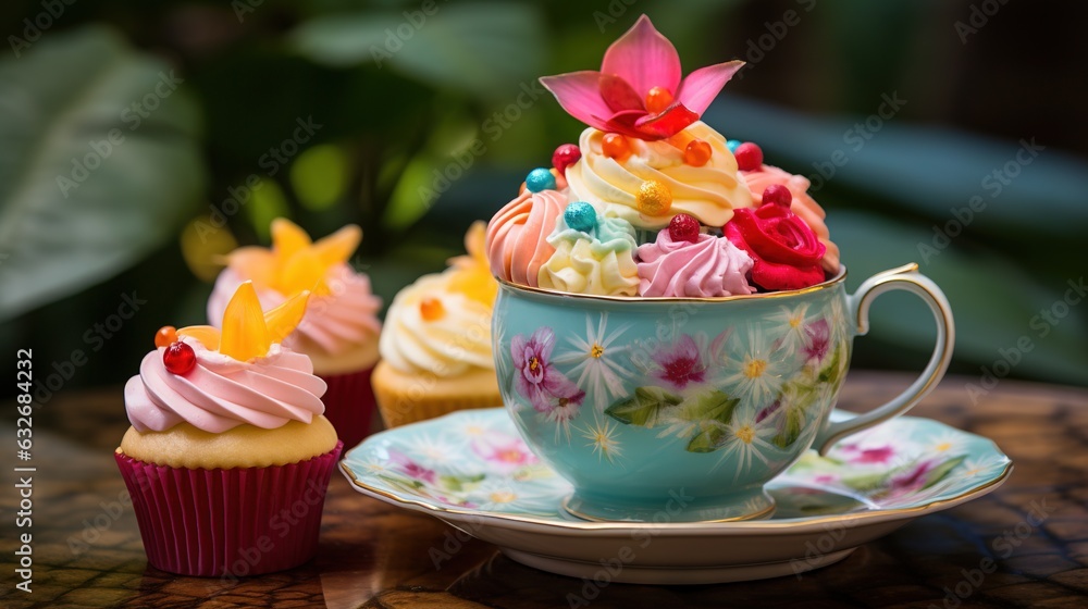 Poster cupcakes with colorful frosting in a teacup on a table. generative ai