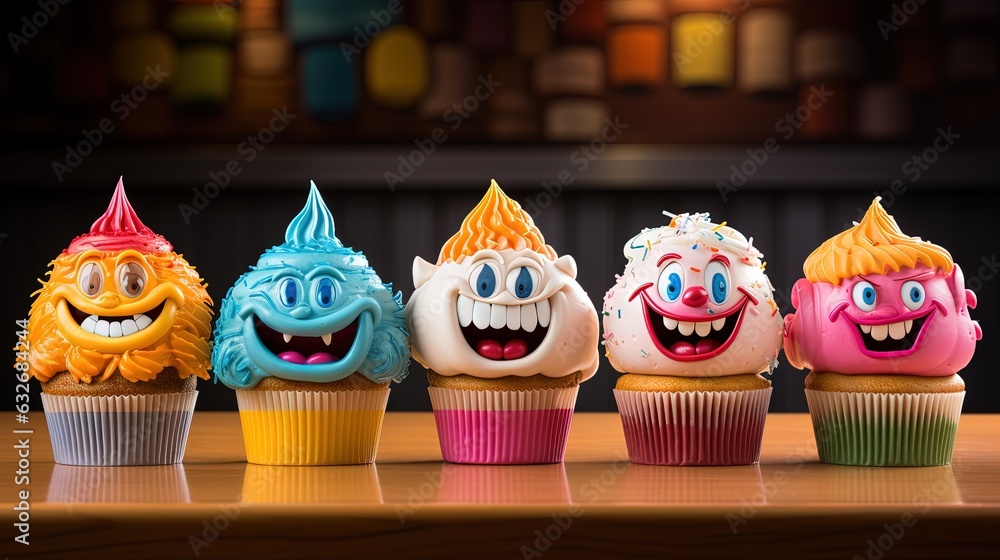 Poster a row of cupcakes with different colored frosting. generative ai