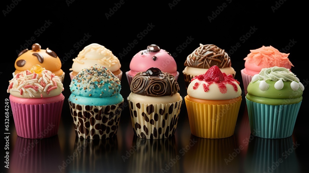 Aufkleber a row of different colored cupcakes on a black surface. generative ai