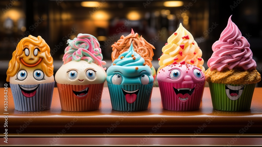 Poster a row of cupcakes with different colored frosting. generative ai