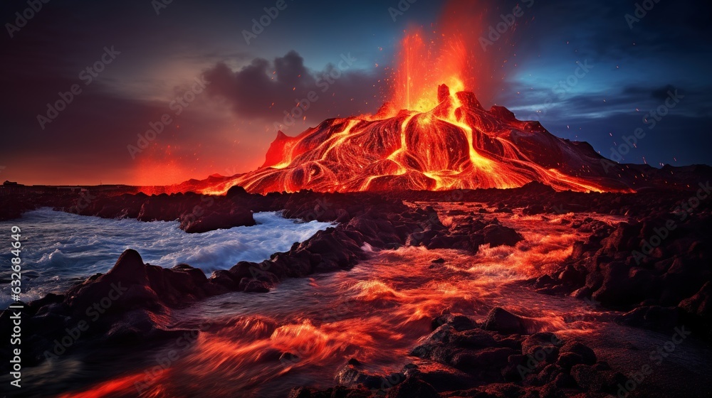 Poster a volcano with lava and lava flowing out of it's sides. generative ai