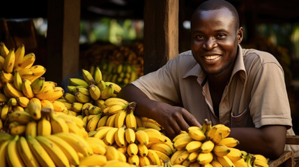 African black man smiling selling bunch of bananas in fruit market on street