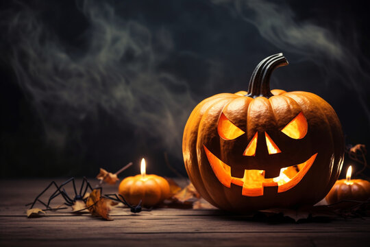 Spider weaving a web around a spooky pumpkin lantern. Halloween, pumpkin, Halloween background Generative AI