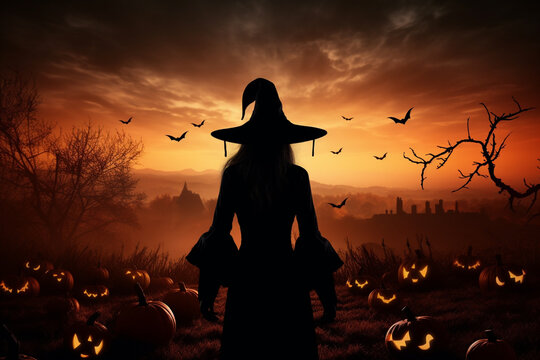 Witch's silhouette against a full moon sky with pumpkins. Halloween, pumpkin, Halloween background Generative AI