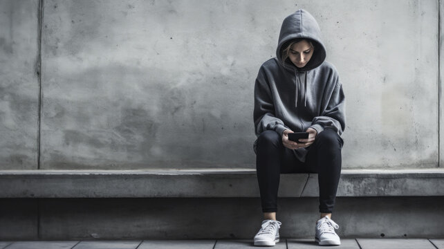 young girl sitting alone on bench with mobile. social network and smartphone addiction and dependency