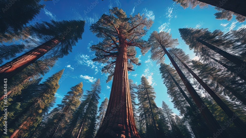Aufkleber a group of tall trees standing next to each other in a forest. generative ai