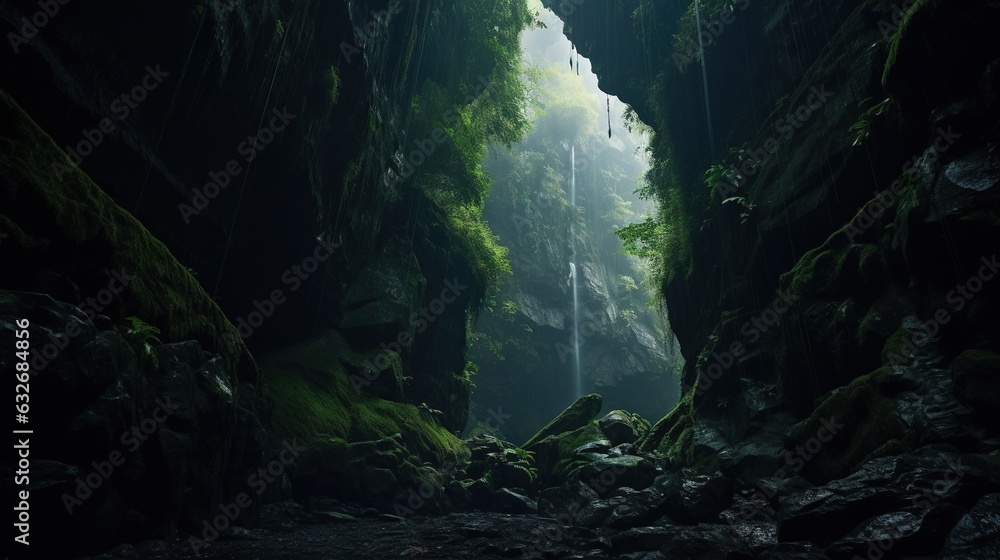 Poster a dark cave with a waterfall in the middle of it. generative ai
