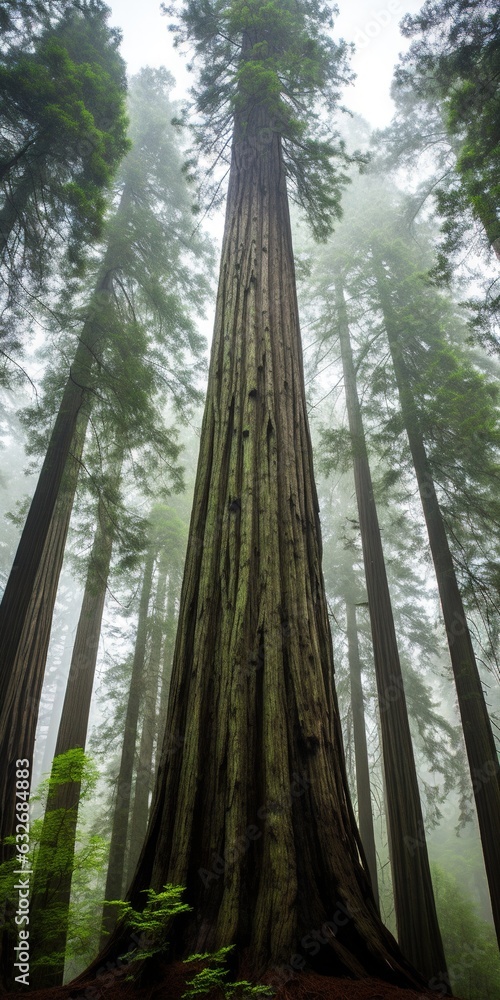 Poster a tall tree standing in the middle of a forest filled with trees. generative ai