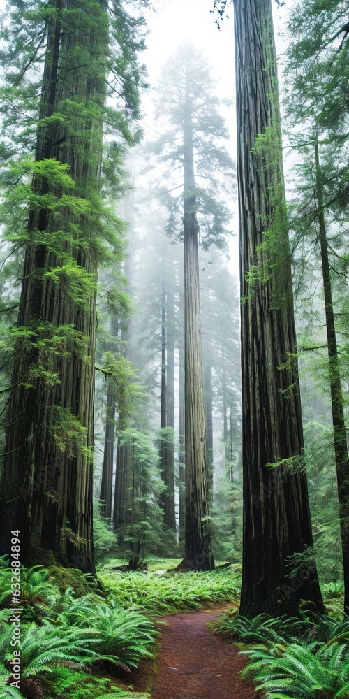 Poster a path through a dense forest with tall trees and ferns. generative ai