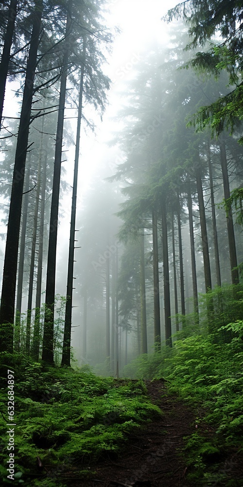 Poster a path in the middle of a forest with tall trees. generative ai