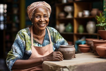 Elderly African woman teaching a pottery class  photo with empty space for text 