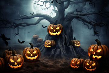 Ghostly apparitions gathering near an ancient tree with pumpkins. Halloween, pumpkin, Halloween background Generative AI