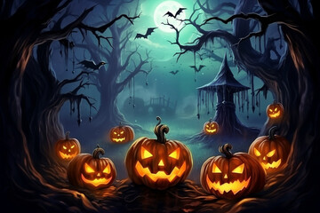 Ghostly apparitions gathering near an ancient tree with pumpkins. Halloween, pumpkin, Halloween background Generative AI