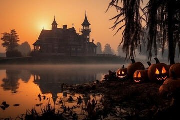 Spooky mansion at the edge of a misty lake with pumpkins. Halloween, pumpkin, Halloween background Generative AI