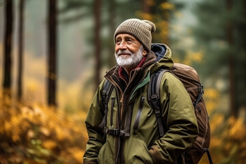 Elderly European man birdwatching in the forest  photo with empty space for text 