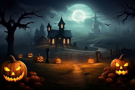 Haunted village with fog rolling in and a field of pumpkins. Halloween, pumpkin, Halloween background Generative AI